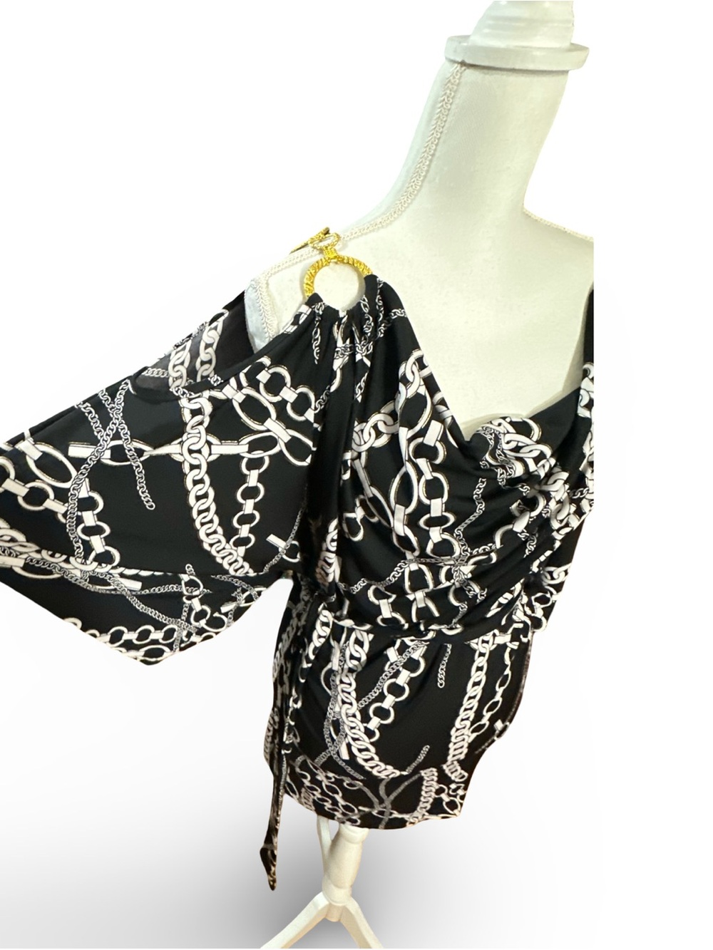 Caché Black & White Chain Print Dress with Gold Ring Hardware - XS